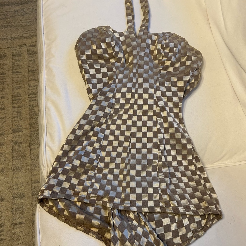 Vintage Shiny Gold & Brown  Checkered Bathing Suit 40’s - 50’s